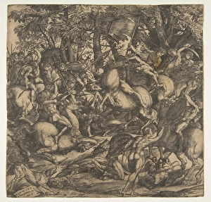 Group naked men engaged battle wooded landscape Group naked men engaged battle wooded landscape