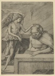 Guardian Angel angel left placing hand head sleeping seated man Guardian Angel angel left placing hand head sleeping seated man