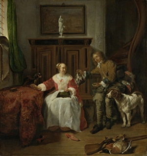 The Hunteras Present, Gabriel Metsu, c. 1658 - c. 1661 The Hunteras Present, Gabriel Metsu, c. 1658 - c. 1661