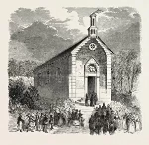 Inauguration of a Protestant church in Conde-sur-Noireau, France. engraving 1855