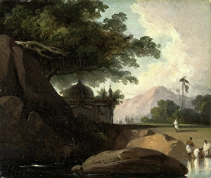 Indian Landscape with Temple Figures Washing Clothes by an Indian Temple, India Indian Landscape with Temple Figures Washing Clothes by an Indian Temple, India