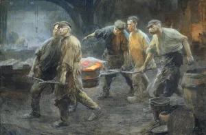 Interior iron foundry Five workers carry holder Interior iron foundry Five workers carry holder