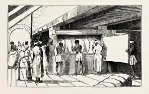 Interior of Shuna: the Hydraulic Press, Banding the Bales, Egypt, 1873 Engraving