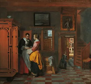 Interior Women beside Linen Cupboard Interior Interior Women beside Linen Cupboard Interior