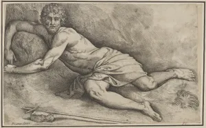 John Baptist lying ground naked except cloth covering John Baptist lying ground naked except cloth covering