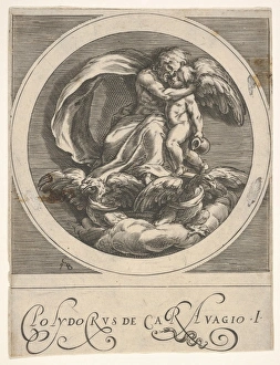 Jupiter seated two eagles embracing Cupid round composition Jupiter seated two eagles embracing Cupid round composition