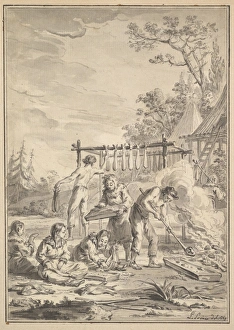 Kamchatkans Preparing Fish Dried 1769 Pen black ink Kamchatkans Preparing Fish Dried 1769 Pen black ink