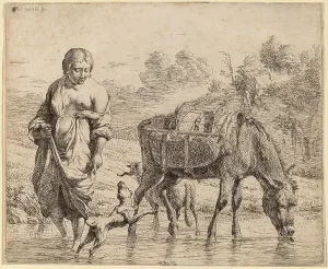 Karel Dujardin (Dutch, c. 1622 - 1678), Woman Crossing a Stream, 1662, etching Karel Dujardin (Dutch, c. 1622 - 1678), Woman Crossing a Stream, 1662, etching