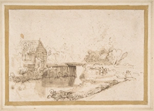 Landscape Draughtsman Seated River Bridge Cottage Landscape Draughtsman Seated River Bridge Cottage