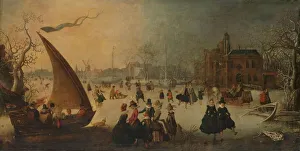 Landscape frozen Canal Skaters Ice-Boat Winter entertainment Landscape frozen Canal Skaters Ice-Boat Winter entertainment