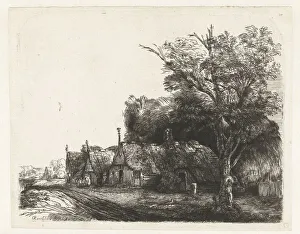 Landscape three gabled cottages beside road cabin Landscape three gabled cottages beside road cabin