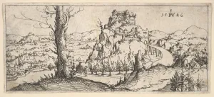 Landscape High Rocks Fortresses 1546 Etching Landscape High Rocks Fortresses 1546 Etching