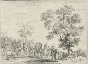 A landscape in which horsemen on a path in the middle a wagon A landscape in which horsemen on a path in the middle a wagon