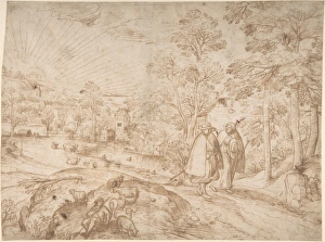 Landscape Two Pilgrims Walking Road 16th century Landscape Two Pilgrims Walking Road 16th century