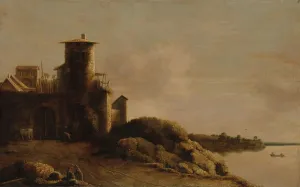 Landscape river Italian farmhouse round tower Landscape river Italian farmhouse round tower