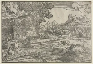 Landscape Saint Jerome Two Lions 1530-35 Domenico Campagnola Landscape Saint Jerome Two Lions 1530-35 Domenico Campagnola