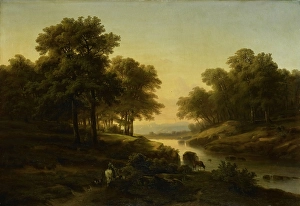 Landscape shepherd cattle arrives river sunset Landscape shepherd cattle arrives river sunset