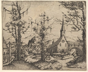 Landscape Small Church Arch Stream 1545 Etching Landscape Small Church Arch Stream 1545 Etching