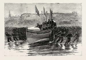 Lifeboat Gallery: The Launch of a New Lifeboat at Cullercoats Northumberland, Engraving 1884, Uk, Britain