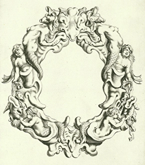 Both the lower right and left under a sea god blowing on a sea shell, print maker Both the lower right and left under a sea god blowing on a sea shell, print maker