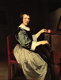 Ludolf de Jongh Young woman virginaal portrait painting Ludolf de Jongh Young woman virginaal portrait painting