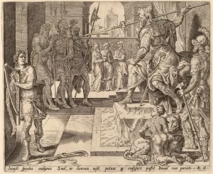 after Maerten van Heemskerck, David before Saul, c. 1556, engraving after Maerten van Heemskerck, David before Saul, c. 1556, engraving