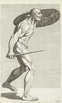 Male nude figure carrying shield sword side view Male nude figure carrying shield sword side view