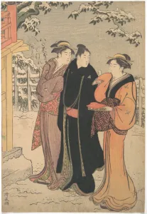 Man Black Haori Coat Two Women Approaching Temple Man Black Haori Coat Two Women Approaching Temple