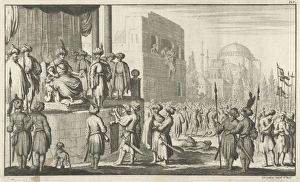 Man negotiates on throne with the leaders of the rebellious Janitzaren at Constantinople Man negotiates on throne with the leaders of the rebellious Janitzaren at Constantinople