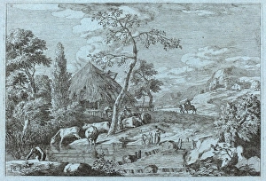 Marco Ricci (Italian, 1676 - 1729), Cattle and Figures at a Farmyard Stream, etching Marco Ricci (Italian, 1676 - 1729), Cattle and Figures at a Farmyard Stream, etching