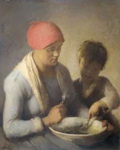 Meal meal farmers wife child eat together large bowl Meal meal farmers wife child eat together large bowl