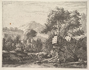 Two men standing ankle-deep body water rocky outcrop Two men standing ankle-deep body water rocky outcrop