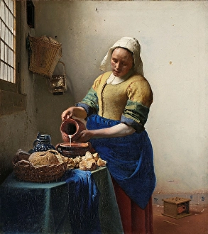 Milkmaid maid stands table pours milk milk jug Milkmaid maid stands table pours milk milk jug