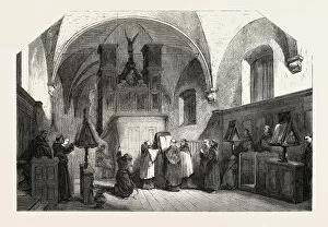 Monks of St. Francis singing a Te Deum, painting by Bosboom. engraving 1855