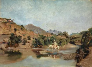 Moroccan rider ford Wad Boswicha 1860 oil paper Moroccan rider ford Wad Boswicha 1860 oil paper