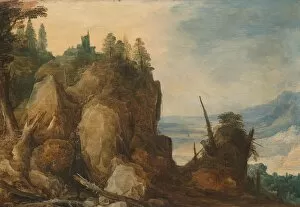 Joos De Momper Gallery: Mountain view Rocky mountain landscape left castle perched