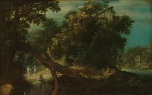 Mountainous landscape group hunters dogs forest Mountainous landscape group hunters dogs forest
