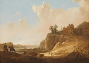 Mountainous Landscape Ruins Castle left foreground two horsemen Mountainous Landscape Ruins Castle left foreground two horsemen