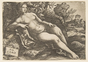 Nude woman Venus reclining landscape 1517 Engraving Nude woman Venus reclining landscape 1517 Engraving