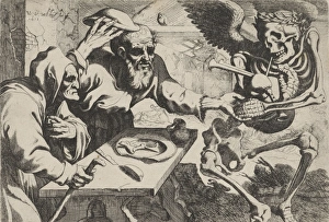 Old couple with bagpipes playing Death, print maker: Werner van den Valckert, Werner Old couple with bagpipes playing Death, print maker: Werner van den Valckert, Werner