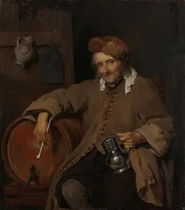 Old Drinker old drinker man sitting next beer keg Old Drinker old drinker man sitting next beer keg
