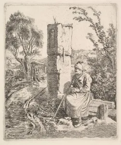 Old Lady Sitting Pillar Side Road 1819 Etching Old Lady Sitting Pillar Side Road 1819 Etching