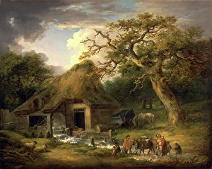 The Old Water Mill Rustic Family Passing a Watermill Signed and dated in brown paint The Old Water Mill Rustic Family Passing a Watermill Signed and dated in brown paint