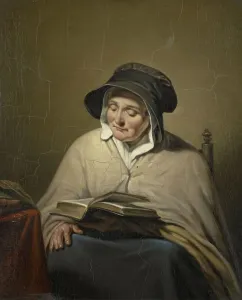 Old Woman Reading seated chair left table glasses Old Woman Reading seated chair left table glasses