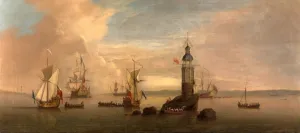 The Opening of the First Eddystone Lighthouse in 1698 Signed in white paint (on rock) The Opening of the First Eddystone Lighthouse in 1698 Signed in white paint (on rock)