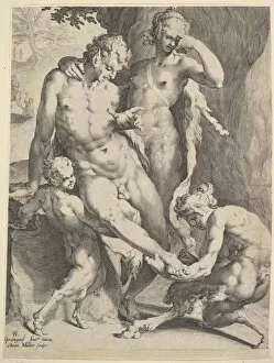 Bartholomeus Spranger Gallery: Oreads Removing Thorn Satyr Foot 1590 Engraving