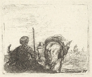Pack-horse seated man staff right hand dog viewed Pack-horse seated man staff right hand dog viewed
