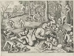 Ridiculed Gallery: Peddler robbed by monkeys, Pieter van der Heyden, Hieronymus Cock, 1562