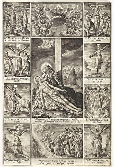Pieta surrounded by scenes of crucified martyrs, Hieronymus Wierix, 1597 - 1619 Pieta surrounded by scenes of crucified martyrs, Hieronymus Wierix, 1597 - 1619