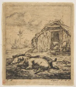 Three Pigs Lying Front Shed 1850 Etching wove paper Three Pigs Lying Front Shed 1850 Etching wove paper